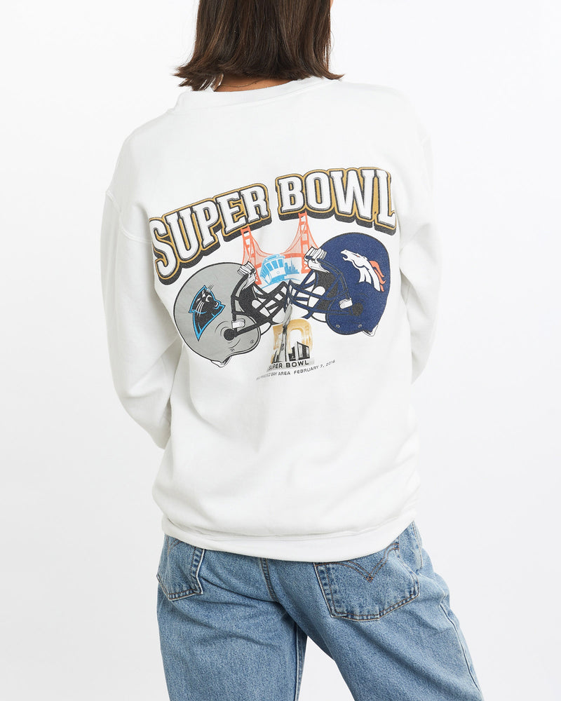 Vintage, NFL, Panthers, vs, Broncos, Super, Bowl, Sweatshirt, The Real Deal, size small, colour White, newtown, sydney, australia, thrift store, opshop, preloved, secondhand, sustainable, retro, antique, 70s, 80s, 90s, 2000s, 00s, fashion, clothing, streetwear, trendy, garment, style, boutique, store, shop, archive, sale, cheap, best, top, Sweats and hoodies