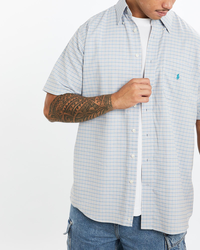 Vintage, 90s, Polo, Ralph, Lauren, Short, Sleeve, Button, Up, Shirt, The Real Deal, size extra large, colour Blue, newtown, sydney, australia, thrift store, opshop, preloved, secondhand, sustainable, retro, antique, 70s, 80s, 90s, 2000s, 00s, fashion, clothing, streetwear, trendy, garment, style, boutique, store, shop, archive, sale, cheap, best, top, Shirts