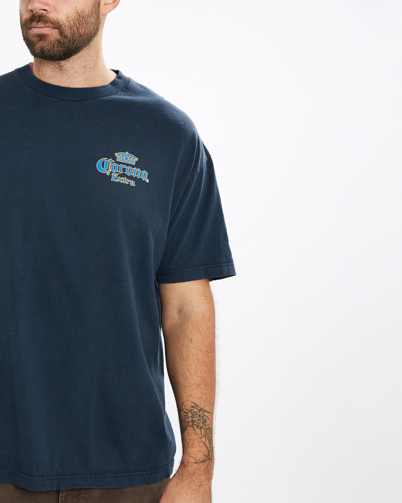 Vintage, Corona, Beer, Tee, The Real Deal, size extra large, colour Navy, newtown, sydney, australia, thrift store, opshop, preloved, secondhand, sustainable, retro, antique, 70s, 80s, 90s, 2000s, 00s, fashion, clothing, streetwear, trendy, garment, style, boutique, store, shop, archive, sale, cheap, best, top, T-Shirts