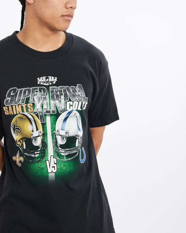 Vintage, NFL, Saints, vs, Colts, Super, Bowl, Tee, The Real Deal, size large, colour Black, newtown, sydney, australia, thrift store, opshop, preloved, secondhand, sustainable, retro, antique, 70s, 80s, 90s, 2000s, 00s, fashion, clothing, streetwear, trendy, garment, style, boutique, store, shop, archive, sale, cheap, best, top, T-Shirts