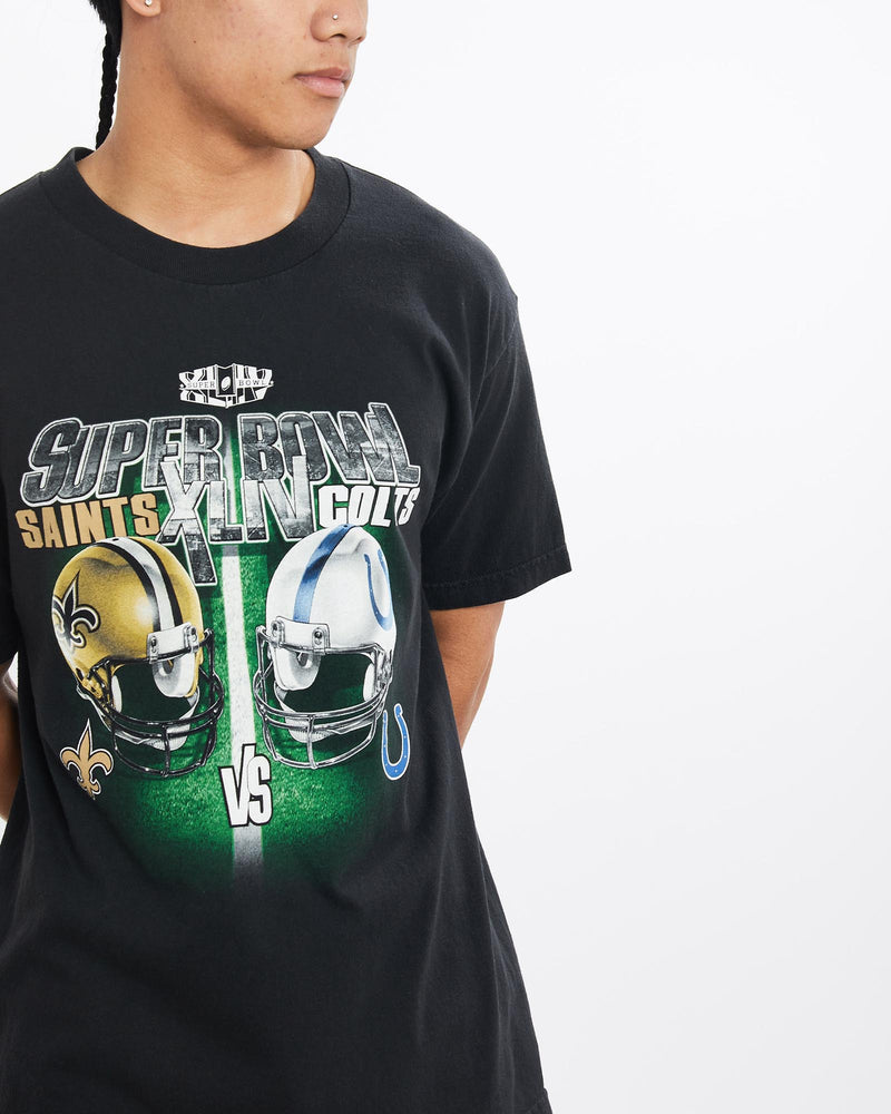 Vintage, NFL, Saints, vs, Colts, Super, Bowl, Tee, The Real Deal, size large, colour Black, newtown, sydney, australia, thrift store, opshop, preloved, secondhand, sustainable, retro, antique, 70s, 80s, 90s, 2000s, 00s, fashion, clothing, streetwear, trendy, garment, style, boutique, store, shop, archive, sale, cheap, best, top, T-Shirts