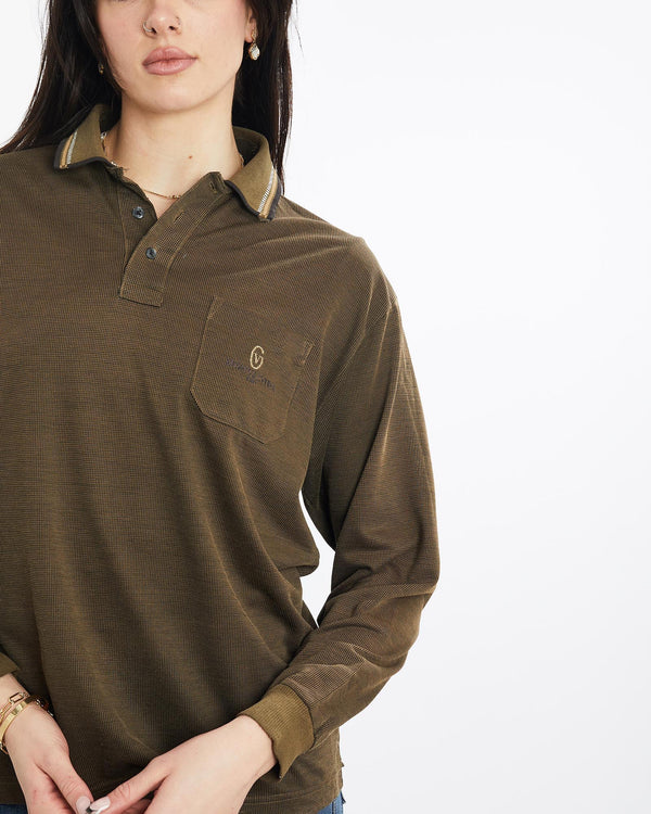 Vintage, 90s, Gianni, Valentino, Long, Sleeve, Polo, Shirt, The Real Deal, size medium, colour Green, newtown, sydney, australia, thrift store, opshop, preloved, secondhand, sustainable, retro, antique, 70s, 80s, 90s, 2000s, 00s, fashion, clothing, streetwear, trendy, garment, style, boutique, store, shop, archive, sale, cheap, best, top, Shirts