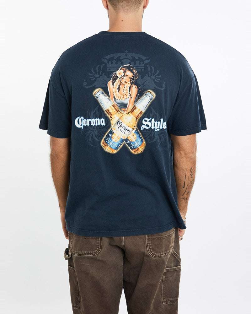 Vintage, Corona, Beer, Tee, The Real Deal, size extra large, colour Navy, newtown, sydney, australia, thrift store, opshop, preloved, secondhand, sustainable, retro, antique, 70s, 80s, 90s, 2000s, 00s, fashion, clothing, streetwear, trendy, garment, style, boutique, store, shop, archive, sale, cheap, best, top, T-Shirts