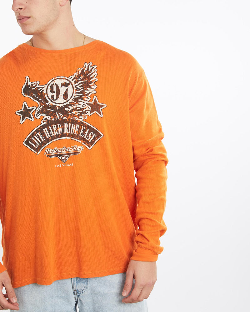 Vintage, Harley, Davidson, Long, Sleeve, Thermal, Tee, The Real Deal, size double extra large, colour Orange, newtown, sydney, australia, thrift store, opshop, preloved, secondhand, sustainable, retro, antique, 70s, 80s, 90s, 2000s, 00s, fashion, clothing, streetwear, trendy, garment, style, boutique, store, shop, archive, sale, cheap, best, top, T-Shirts