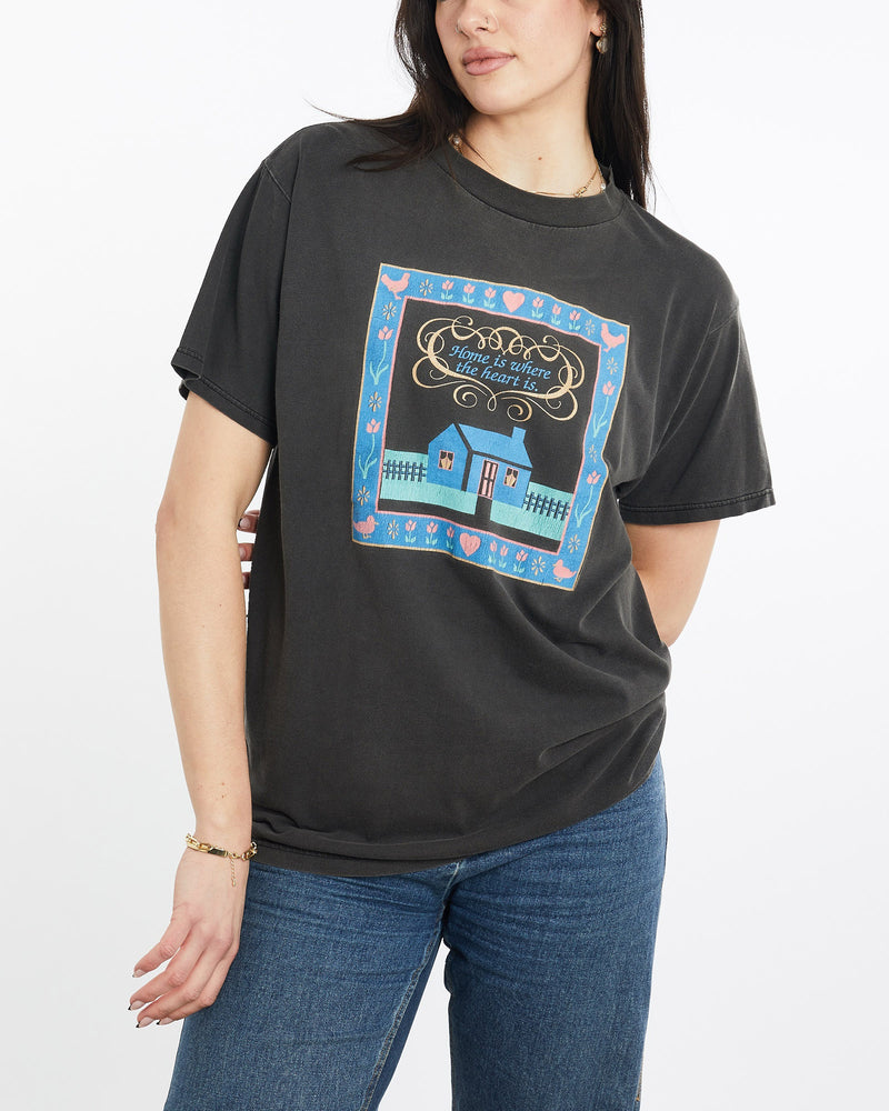 Vintage, 90s, Home, Is, Where, The, Heart, Is', Tee, The Real Deal, size medium, colour Black, newtown, sydney, australia, thrift store, opshop, preloved, secondhand, sustainable, retro, antique, 70s, 80s, 90s, 2000s, 00s, fashion, clothing, streetwear, trendy, garment, style, boutique, store, shop, archive, sale, cheap, best, top, T-Shirts