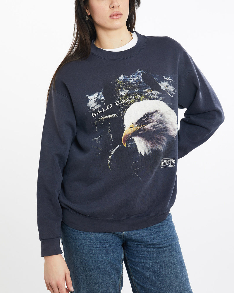 Vintage, 90s, Bald, Eagle, Wildlife, Sweatshirt, The Real Deal, size medium, colour Navy, newtown, sydney, australia, thrift store, opshop, preloved, secondhand, sustainable, retro, antique, 70s, 80s, 90s, 2000s, 00s, fashion, clothing, streetwear, trendy, garment, style, boutique, store, shop, archive, sale, cheap, best, top, Sweats and hoodies