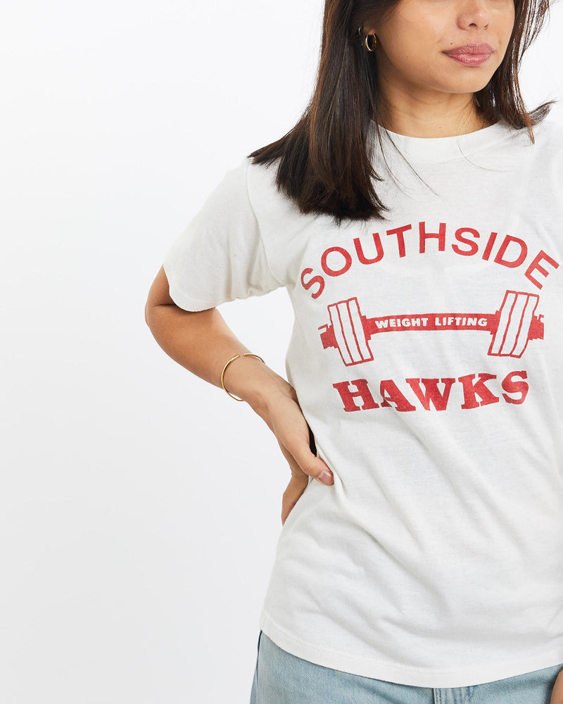 Vintage, 80s, Southside, Weight, Lifting, Hawks, Tee, The Real Deal, size double extra small, colour White, newtown, sydney, australia, thrift store, opshop, preloved, secondhand, sustainable, retro, antique, 70s, 80s, 90s, 2000s, 00s, fashion, clothing, streetwear, trendy, garment, style, boutique, store, shop, archive, sale, cheap, best, top, T-Shirts