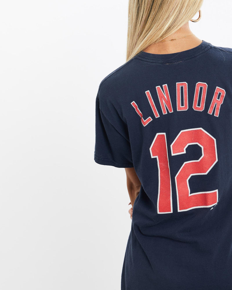 Vintage, MLB, Cleveland, Indians, Tee, The Real Deal, size extra small, colour Navy, newtown, sydney, australia, thrift store, opshop, preloved, secondhand, sustainable, retro, antique, 70s, 80s, 90s, 2000s, 00s, fashion, clothing, streetwear, trendy, garment, style, boutique, store, shop, archive, sale, cheap, best, top, T-Shirts