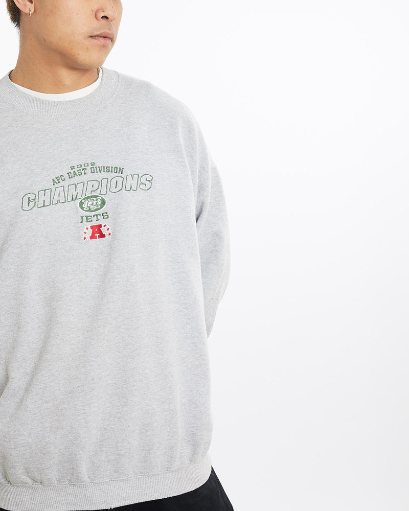 Vintage, NFL, New, York, Jets, Sweatshirt, The Real Deal, size extra large, colour Grey, newtown, sydney, australia, thrift store, opshop, preloved, secondhand, sustainable, retro, antique, 70s, 80s, 90s, 2000s, 00s, fashion, clothing, streetwear, trendy, garment, style, boutique, store, shop, archive, sale, cheap, best, top, Sweats and hoodies