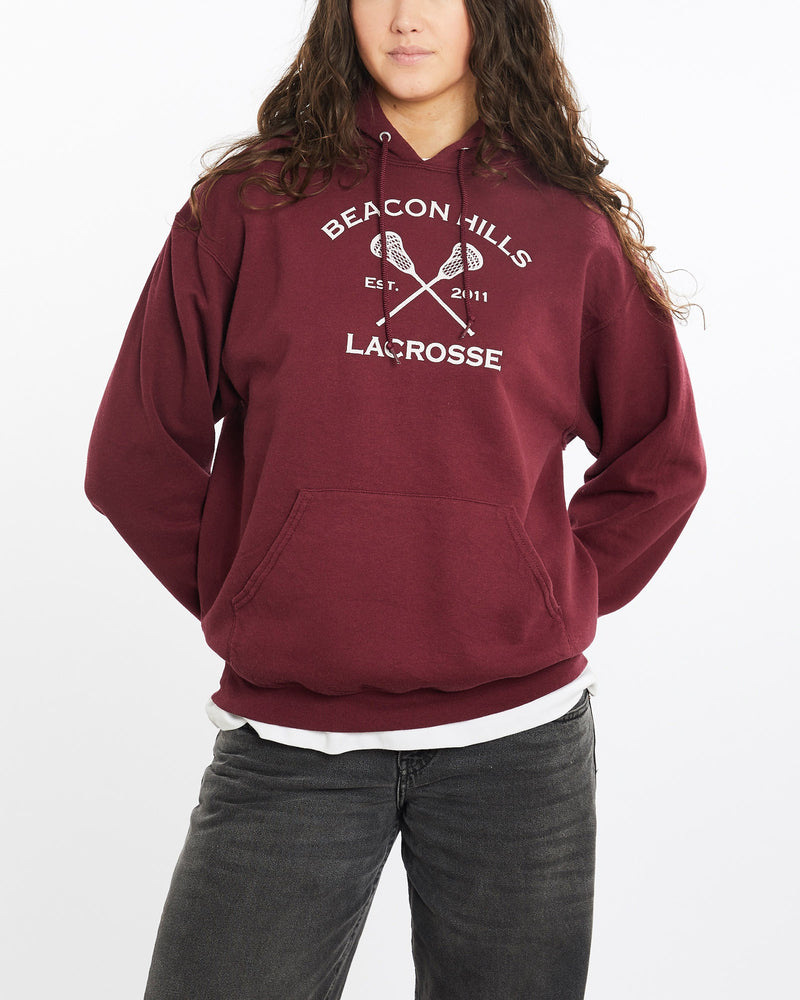 Beacon, Hills, Lacrosse, Hooded, Sweatshirt, The Real Deal, size medium, colour Burgundy, newtown, sydney, australia, thrift store, opshop, preloved, secondhand, sustainable, retro, antique, 70s, 80s, 90s, 2000s, 00s, fashion, clothing, streetwear, trendy, garment, style, boutique, store, shop, archive, sale, cheap, best, top, Sweats and hoodies
