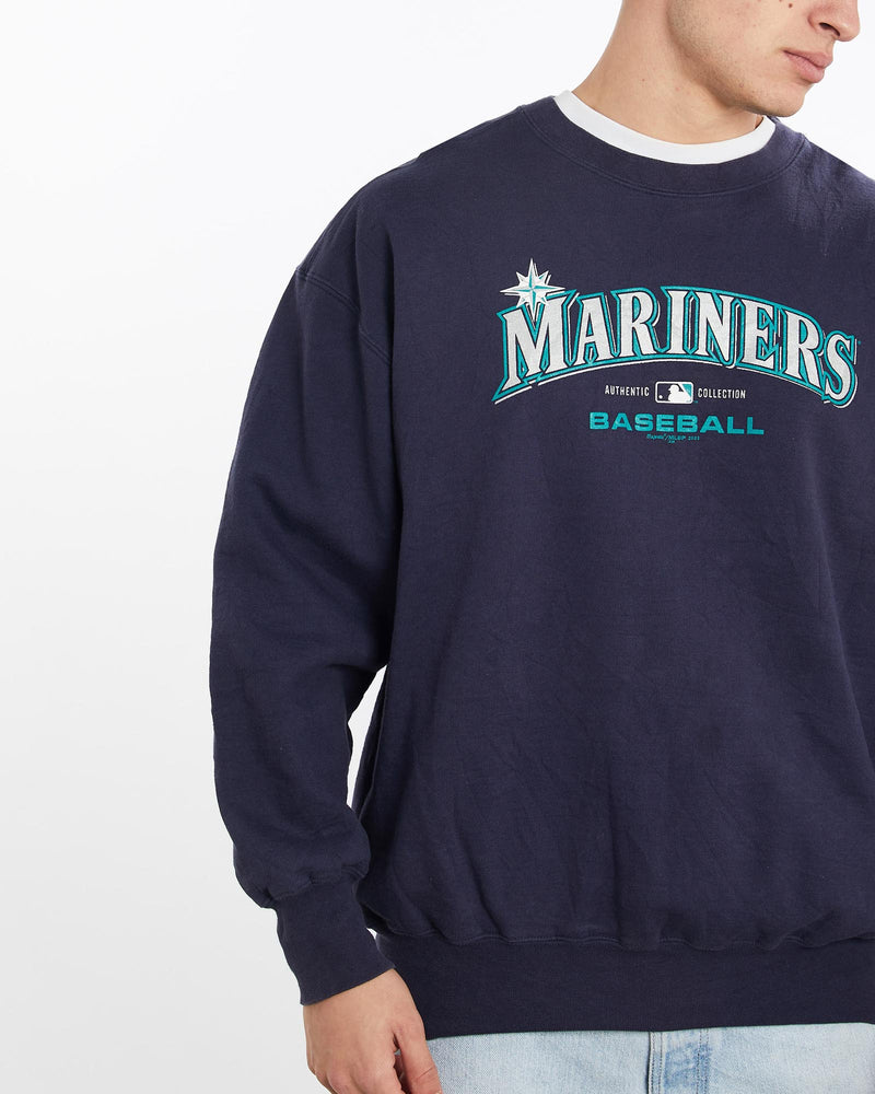 Vintage, MLB, Seattle, Mariners, Sweatshirt, The Real Deal, size double extra large, colour Navy, newtown, sydney, australia, thrift store, opshop, preloved, secondhand, sustainable, retro, antique, 70s, 80s, 90s, 2000s, 00s, fashion, clothing, streetwear, trendy, garment, style, boutique, store, shop, archive, sale, cheap, best, top, Sweats and hoodies