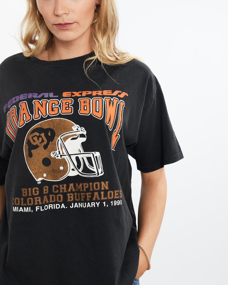 Vintage, 1990, NCAA, Colorado, Buffaloes, Orange, Bowl, Tee, The Real Deal, size large, colour Black, newtown, sydney, australia, thrift store, opshop, preloved, secondhand, sustainable, retro, antique, 70s, 80s, 90s, 2000s, 00s, fashion, clothing, streetwear, trendy, garment, style, boutique, store, shop, archive, sale, cheap, best, top, T-Shirts