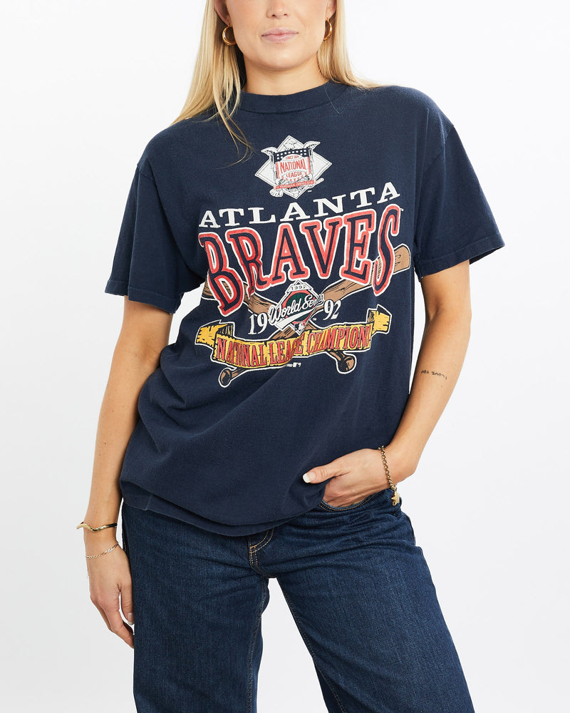 Vintage, 1992, MLB, Atlanta, Braves, Tee, The Real Deal, size small, colour Navy, newtown, sydney, australia, thrift store, opshop, preloved, secondhand, sustainable, retro, antique, 70s, 80s, 90s, 2000s, 00s, fashion, clothing, streetwear, trendy, garment, style, boutique, store, shop, archive, sale, cheap, best, top, T-Shirts
