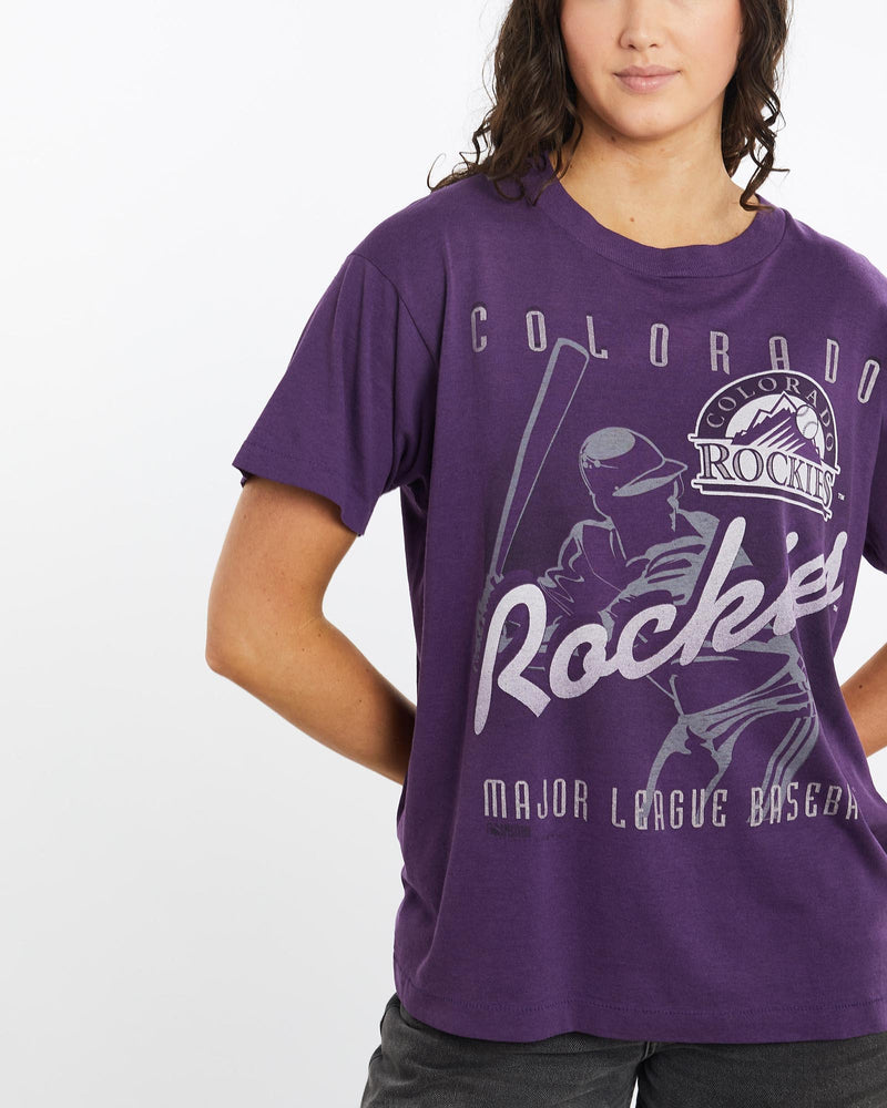 Vintage, 1995, MLB, Colorado, Rockies, Tee, The Real Deal, size medium, colour Purple, newtown, sydney, australia, thrift store, opshop, preloved, secondhand, sustainable, retro, antique, 70s, 80s, 90s, 2000s, 00s, fashion, clothing, streetwear, trendy, garment, style, boutique, store, shop, archive, sale, cheap, best, top, T-Shirts
