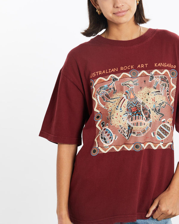 Vintage, Australian, Aboriginal, Rock, Art, Tee, The Real Deal, size medium, colour Burgundy, newtown, sydney, australia, thrift store, opshop, preloved, secondhand, sustainable, retro, antique, 70s, 80s, 90s, 2000s, 00s, fashion, clothing, streetwear, trendy, garment, style, boutique, store, shop, archive, sale, cheap, best, top, T-Shirts