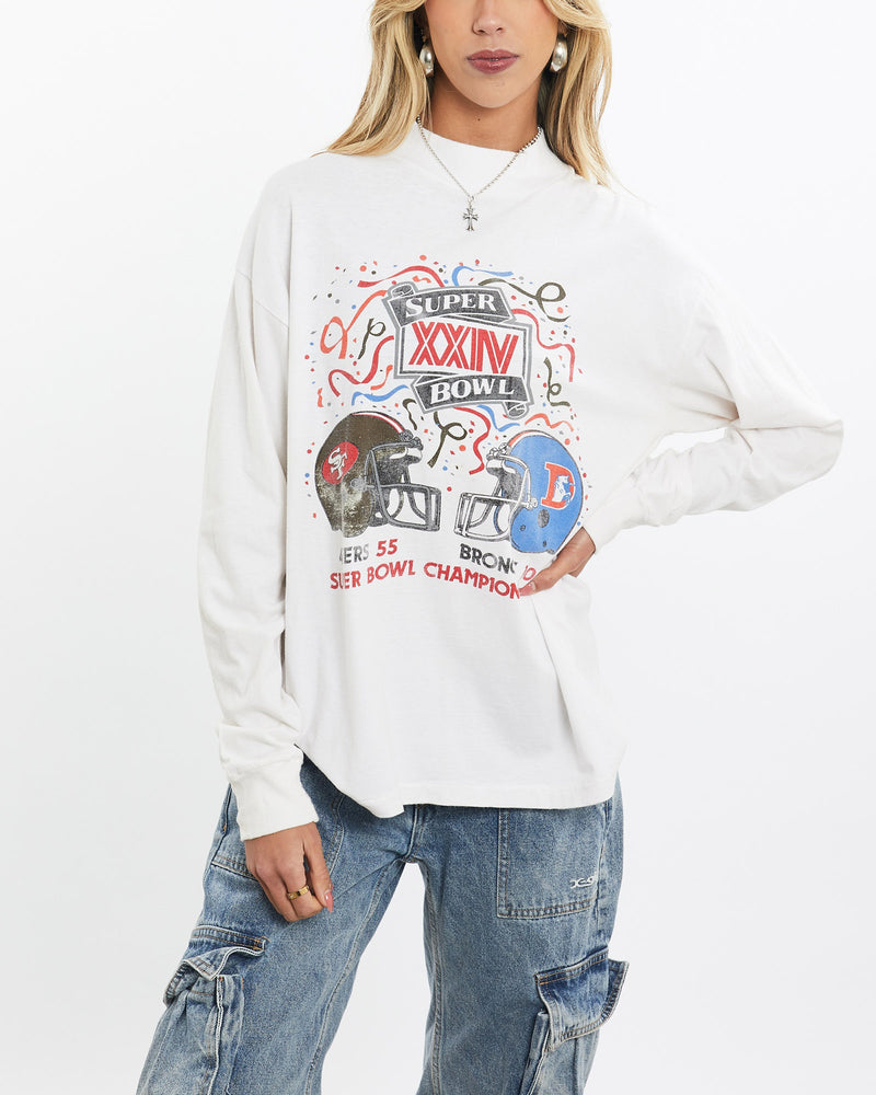 Vintage, 1989, NFL, 49ers, vs, Broncos, Super, Bowl, Long, Sleeve, Tee, The Real Deal, size small, colour White, newtown, sydney, australia, thrift store, opshop, preloved, secondhand, sustainable, retro, antique, 70s, 80s, 90s, 2000s, 00s, fashion, clothing, streetwear, trendy, garment, style, boutique, store, shop, archive, sale, cheap, best, top, T-Shirts