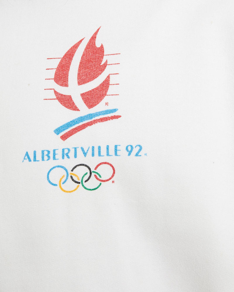 Vintage, 1992, Albertville, France, Olympics, Sweatshirt, The Real Deal, size double extra small, colour White, newtown, sydney, australia, thrift store, opshop, preloved, secondhand, sustainable, retro, antique, 70s, 80s, 90s, 2000s, 00s, fashion, clothing, streetwear, trendy, garment, style, boutique, store, shop, archive, sale, cheap, best, top, Sweats and hoodies