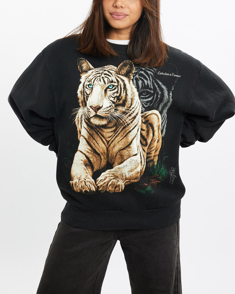Vintage, 90s, Tiger, Wildlife, Sweatshirt, The Real Deal, size extra small, colour Navy, newtown, sydney, australia, thrift store, opshop, preloved, secondhand, sustainable, retro, antique, 70s, 80s, 90s, 2000s, 00s, fashion, clothing, streetwear, trendy, garment, style, boutique, store, shop, archive, sale, cheap, best, top, Sweats and hoodies