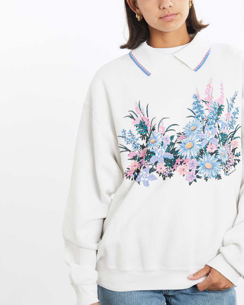 Vintage, 1992, Wildflower, Collared, Sweatshirt, The Real Deal, size small, colour White, newtown, sydney, australia, thrift store, opshop, preloved, secondhand, sustainable, retro, antique, 70s, 80s, 90s, 2000s, 00s, fashion, clothing, streetwear, trendy, garment, style, boutique, store, shop, archive, sale, cheap, best, top, Sweats and hoodies
