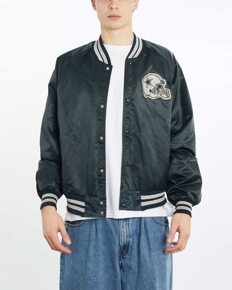 Vintage, 90s, NFL, Dallas, Cowboys, Satin, Bomber, Jacket, The Real Deal, size extra large, colour Navy, newtown, sydney, australia, thrift store, opshop, preloved, secondhand, sustainable, retro, antique, 70s, 80s, 90s, 2000s, 00s, fashion, clothing, streetwear, trendy, garment, style, boutique, store, shop, archive, sale, cheap, best, top, Jackets
