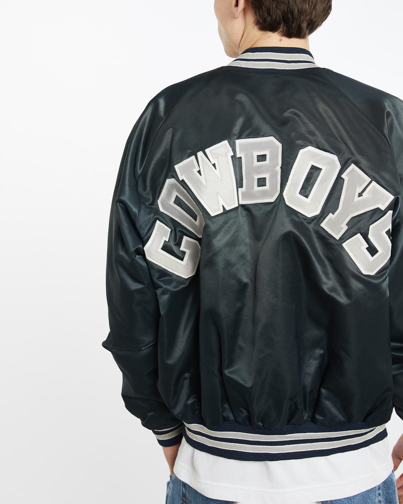 Vintage, 90s, NFL, Dallas, Cowboys, Satin, Bomber, Jacket, The Real Deal, size extra large, colour Navy, newtown, sydney, australia, thrift store, opshop, preloved, secondhand, sustainable, retro, antique, 70s, 80s, 90s, 2000s, 00s, fashion, clothing, streetwear, trendy, garment, style, boutique, store, shop, archive, sale, cheap, best, top, Jackets