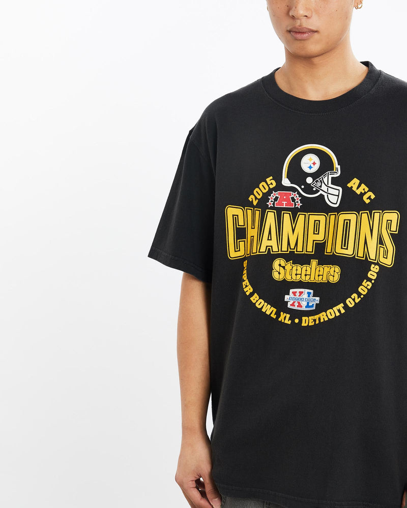 Vintage, NFL, Pittsburgh, Steelers, Super, Bowl, Tee, The Real Deal, size large, colour Black, newtown, sydney, australia, thrift store, opshop, preloved, secondhand, sustainable, retro, antique, 70s, 80s, 90s, 2000s, 00s, fashion, clothing, streetwear, trendy, garment, style, boutique, store, shop, archive, sale, cheap, best, top, T-Shirts