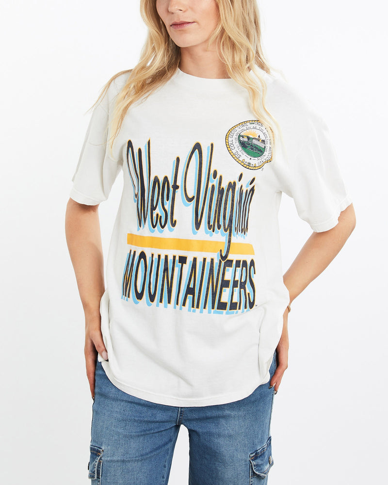 Vintage, 90s, NCAA, West, Virginia, Mountaineers, Tee, The Real Deal, size medium, colour White, newtown, sydney, australia, thrift store, opshop, preloved, secondhand, sustainable, retro, antique, 70s, 80s, 90s, 2000s, 00s, fashion, clothing, streetwear, trendy, garment, style, boutique, store, shop, archive, sale, cheap, best, top, T-Shirts