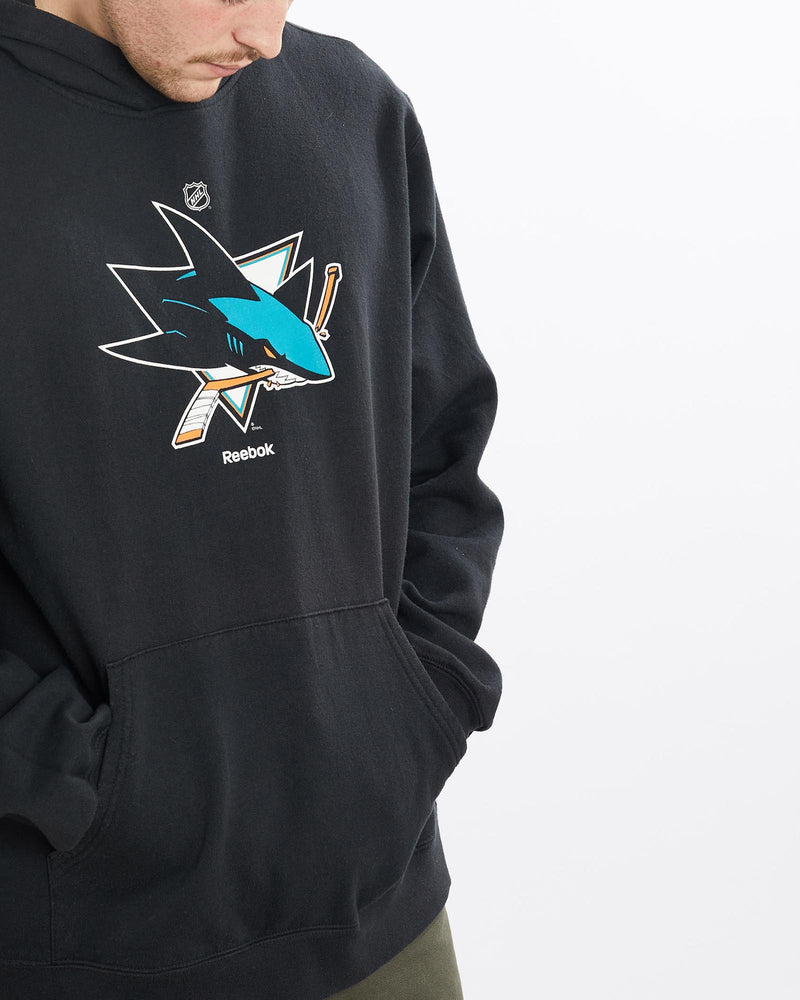 Vintage, Reebok, NHL, San, Jose, Sharks, Hooded, Sweatshirt, The Real Deal, size extra large, colour Black, newtown, sydney, australia, thrift store, opshop, preloved, secondhand, sustainable, retro, antique, 70s, 80s, 90s, 2000s, 00s, fashion, clothing, streetwear, trendy, garment, style, boutique, store, shop, archive, sale, cheap, best, top, Sweats and hoodies
