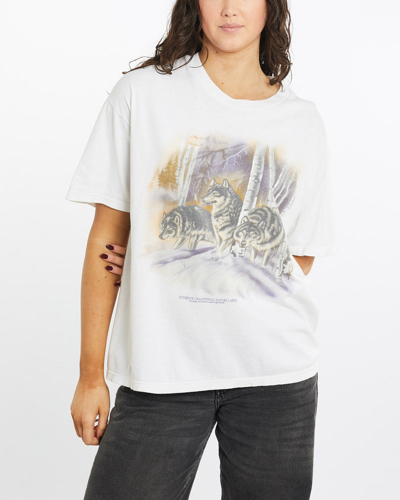 Vintage, 90s, Wolf, Wildlife, Tee, The Real Deal, size medium, colour White, newtown, sydney, australia, thrift store, opshop, preloved, secondhand, sustainable, retro, antique, 70s, 80s, 90s, 2000s, 00s, fashion, clothing, streetwear, trendy, garment, style, boutique, store, shop, archive, sale, cheap, best, top, T-Shirts