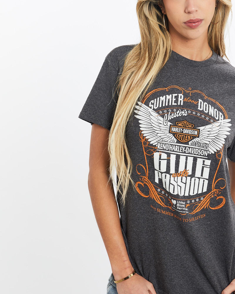 Harley, Davidson, Blood, Donor, Tee, The Real Deal, size extra small, colour Grey, newtown, sydney, australia, thrift store, opshop, preloved, secondhand, sustainable, retro, antique, 70s, 80s, 90s, 2000s, 00s, fashion, clothing, streetwear, trendy, garment, style, boutique, store, shop, archive, sale, cheap, best, top, T-Shirts