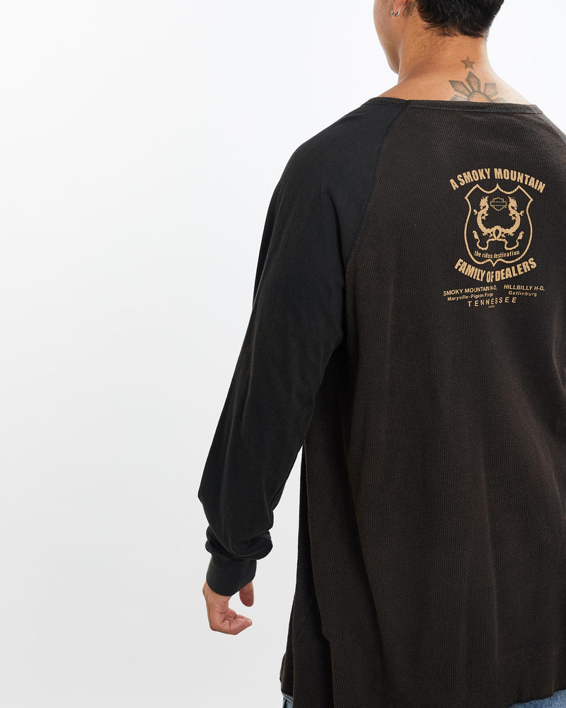 Vintage, Harley, Davidson, Thermal, Long, Sleeve, Tee, The Real Deal, size double extra large, colour Black, newtown, sydney, australia, thrift store, opshop, preloved, secondhand, sustainable, retro, antique, 70s, 80s, 90s, 2000s, 00s, fashion, clothing, streetwear, trendy, garment, style, boutique, store, shop, archive, sale, cheap, best, top, T-Shirts