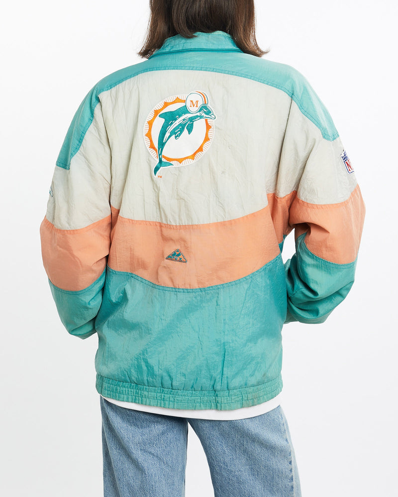 Vintage, 90s, Faded, NFL, Miami, Dolphins, Jacket, The Real Deal, size small, colour Multicolour, newtown, sydney, australia, thrift store, opshop, preloved, secondhand, sustainable, retro, antique, 70s, 80s, 90s, 2000s, 00s, fashion, clothing, streetwear, trendy, garment, style, boutique, store, shop, archive, sale, cheap, best, top, Jackets