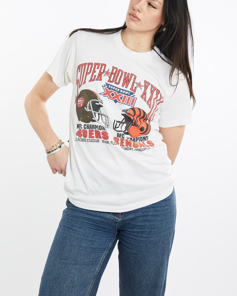 Vintage, 1989, NFL, 49ers, vs, Bengals, Super, Bowl, Tee, The Real Deal, size medium, colour White, newtown, sydney, australia, thrift store, opshop, preloved, secondhand, sustainable, retro, antique, 70s, 80s, 90s, 2000s, 00s, fashion, clothing, streetwear, trendy, garment, style, boutique, store, shop, archive, sale, cheap, best, top, T-Shirts