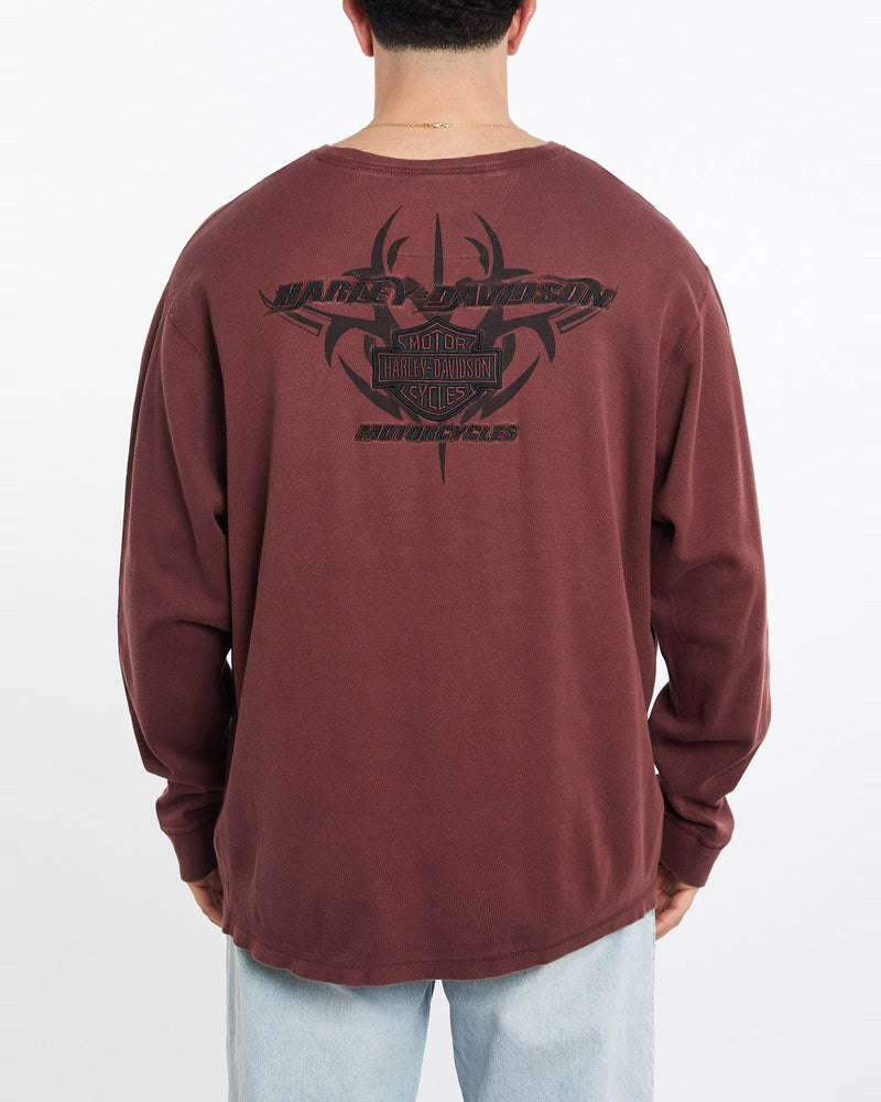Vintage, Harley, Davidson, Long, Sleeve, Thermal, Tee, The Real Deal, size double extra large, colour Burgundy, newtown, sydney, australia, thrift store, opshop, preloved, secondhand, sustainable, retro, antique, 70s, 80s, 90s, 2000s, 00s, fashion, clothing, streetwear, trendy, garment, style, boutique, store, shop, archive, sale, cheap, best, top, T-Shirts