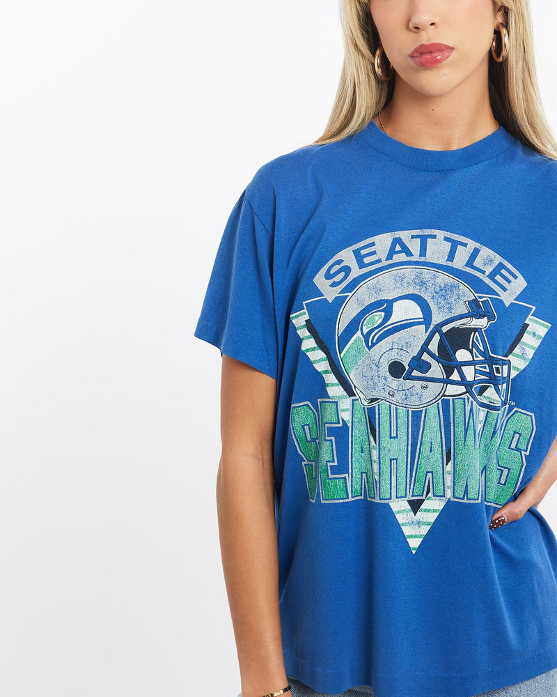 Vintage, 80s, NFL, Seattle, Seahawks, Tee, The Real Deal, size extra small, colour Blue, newtown, sydney, australia, thrift store, opshop, preloved, secondhand, sustainable, retro, antique, 70s, 80s, 90s, 2000s, 00s, fashion, clothing, streetwear, trendy, garment, style, boutique, store, shop, archive, sale, cheap, best, top, T-Shirts