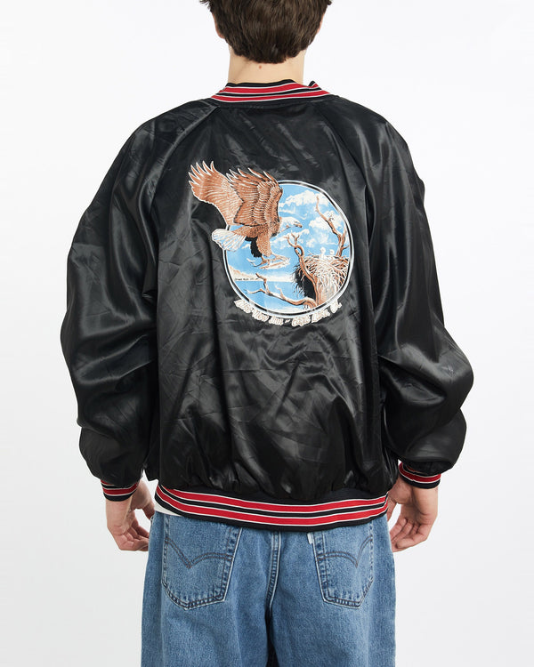 Vintage, 1989, Eagle, Wildlife, Satin, Bomber, Jacket, The Real Deal, size extra large, colour Black, newtown, sydney, australia, thrift store, opshop, preloved, secondhand, sustainable, retro, antique, 70s, 80s, 90s, 2000s, 00s, fashion, clothing, streetwear, trendy, garment, style, boutique, store, shop, archive, sale, cheap, best, top, Jackets