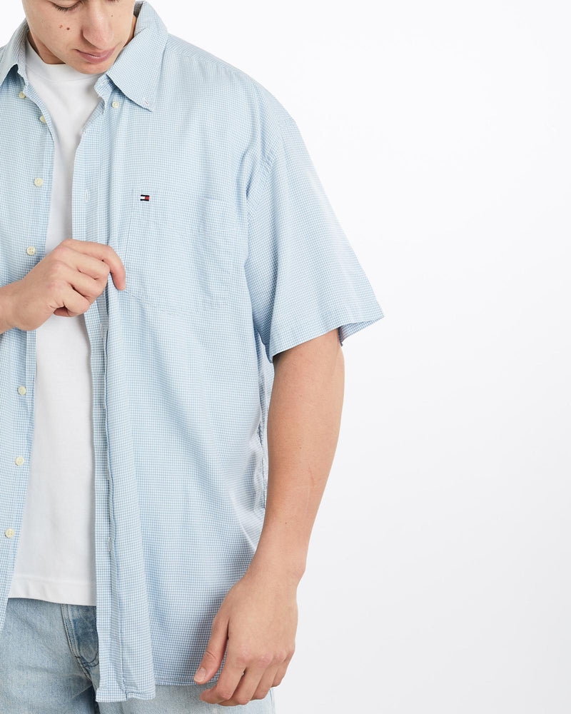 Vintage, 90s, Tommy, Hilfiger, Short, Sleeve, Button, Up, Shirt, The Real Deal, size double extra large, colour Blue, newtown, sydney, australia, thrift store, opshop, preloved, secondhand, sustainable, retro, antique, 70s, 80s, 90s, 2000s, 00s, fashion, clothing, streetwear, trendy, garment, style, boutique, store, shop, archive, sale, cheap, best, top, Shirts