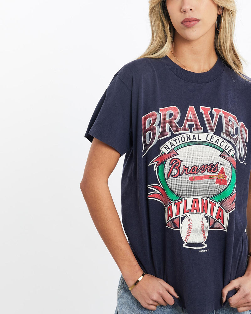 Vintage, 1992, MLB, Atlanta, Braves, Tee, The Real Deal, size extra small, colour Navy, newtown, sydney, australia, thrift store, opshop, preloved, secondhand, sustainable, retro, antique, 70s, 80s, 90s, 2000s, 00s, fashion, clothing, streetwear, trendy, garment, style, boutique, store, shop, archive, sale, cheap, best, top, T-Shirts