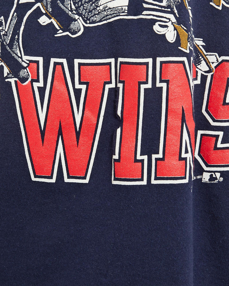 Vintage, 1991, MLB, Minnesota, Twins, Tee, The Real Deal, size extra small, colour Navy, newtown, sydney, australia, thrift store, opshop, preloved, secondhand, sustainable, retro, antique, 70s, 80s, 90s, 2000s, 00s, fashion, clothing, streetwear, trendy, garment, style, boutique, store, shop, archive, sale, cheap, best, top, T-Shirts