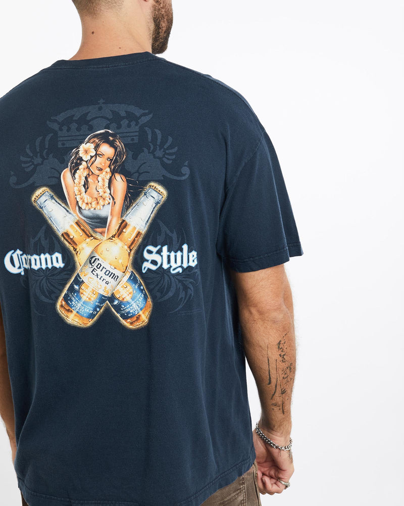Vintage, Corona, Beer, Tee, The Real Deal, size extra large, colour Navy, newtown, sydney, australia, thrift store, opshop, preloved, secondhand, sustainable, retro, antique, 70s, 80s, 90s, 2000s, 00s, fashion, clothing, streetwear, trendy, garment, style, boutique, store, shop, archive, sale, cheap, best, top, T-Shirts
