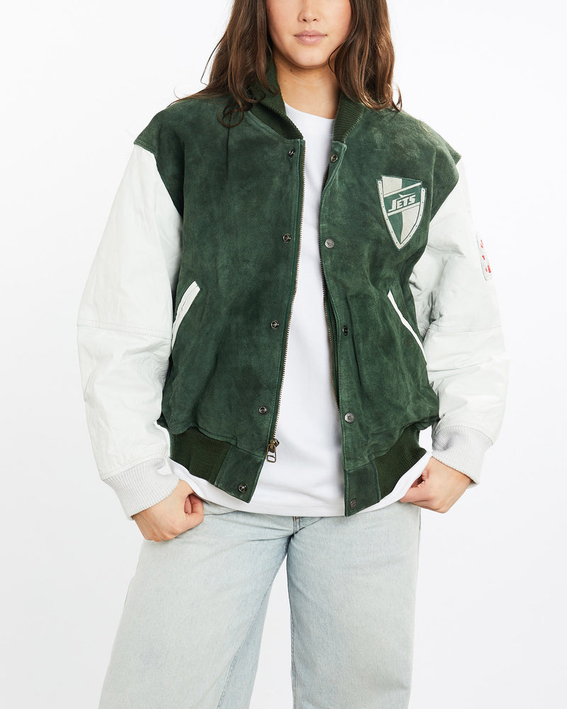 Vintage, 90s, NFL, New, York, Jets, Varsity, Jacket, The Real Deal, size medium, colour Green, newtown, sydney, australia, thrift store, opshop, preloved, secondhand, sustainable, retro, antique, 70s, 80s, 90s, 2000s, 00s, fashion, clothing, streetwear, trendy, garment, style, boutique, store, shop, archive, sale, cheap, best, top, Jackets