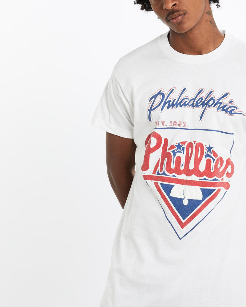 Vintage, 90s, MLB, Philadelphia, Phillies, Tee, The Real Deal, size large, colour White, newtown, sydney, australia, thrift store, opshop, preloved, secondhand, sustainable, retro, antique, 70s, 80s, 90s, 2000s, 00s, fashion, clothing, streetwear, trendy, garment, style, boutique, store, shop, archive, sale, cheap, best, top, T-Shirts