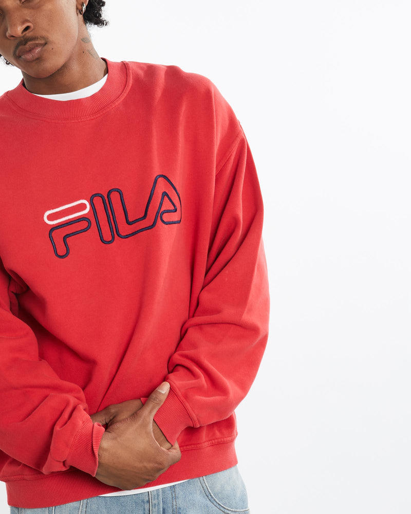 Vintage, 90s, Fila, Sweatshirt, The Real Deal, size large, colour Red, newtown, sydney, australia, thrift store, opshop, preloved, secondhand, sustainable, retro, antique, 70s, 80s, 90s, 2000s, 00s, fashion, clothing, streetwear, trendy, garment, style, boutique, store, shop, archive, sale, cheap, best, top, Sweats and hoodies