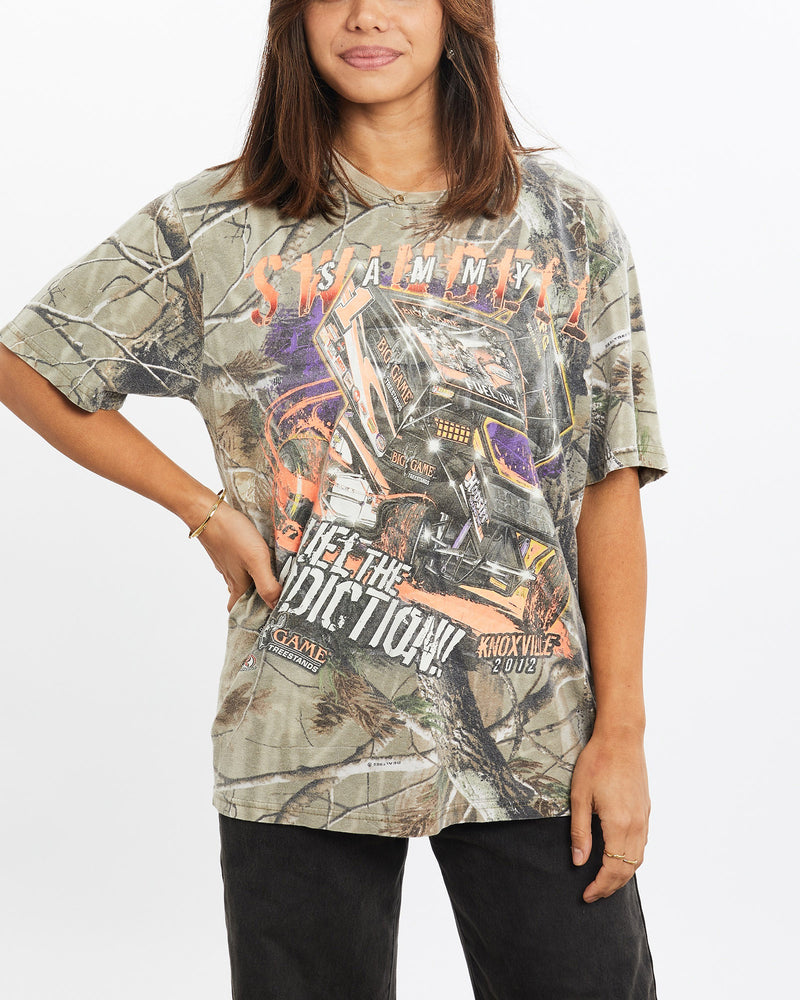 Vintage, Sammy, Swindell, Realtree, Camo, Racing, Tee, The Real Deal, size extra small, colour Beige, newtown, sydney, australia, thrift store, opshop, preloved, secondhand, sustainable, retro, antique, 70s, 80s, 90s, 2000s, 00s, fashion, clothing, streetwear, trendy, garment, style, boutique, store, shop, archive, sale, cheap, best, top, T-Shirts
