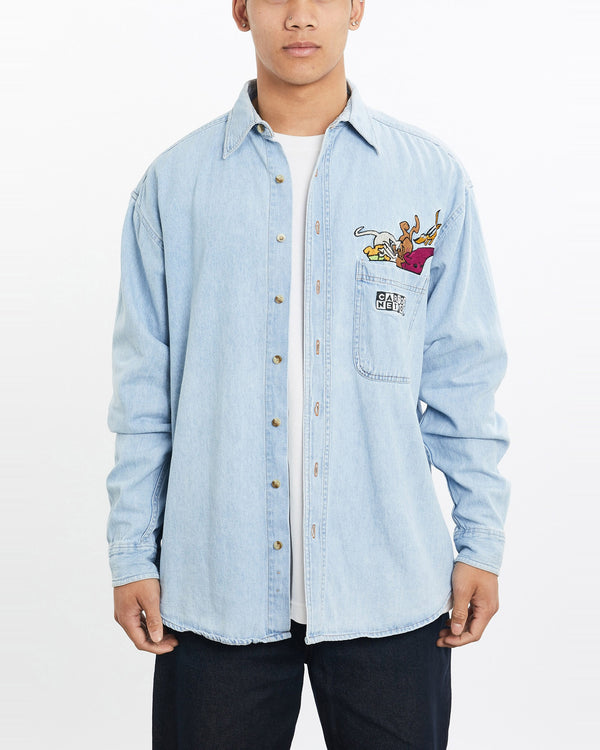 Vintage, Cartoon, Network, Cartoon, Denim, Button, Up, Shirt, The Real Deal, size large, colour Blue, newtown, sydney, australia, thrift store, opshop, preloved, secondhand, sustainable, retro, antique, 70s, 80s, 90s, 2000s, 00s, fashion, clothing, streetwear, trendy, garment, style, boutique, store, shop, archive, sale, cheap, best, top, Shirts