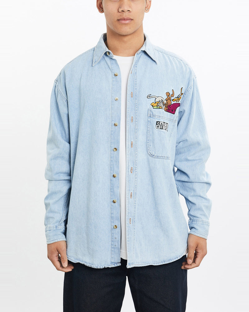 Vintage, Cartoon, Network, Cartoon, Denim, Button, Up, Shirt, The Real Deal, size large, colour Blue, newtown, sydney, australia, thrift store, opshop, preloved, secondhand, sustainable, retro, antique, 70s, 80s, 90s, 2000s, 00s, fashion, clothing, streetwear, trendy, garment, style, boutique, store, shop, archive, sale, cheap, best, top, Shirts