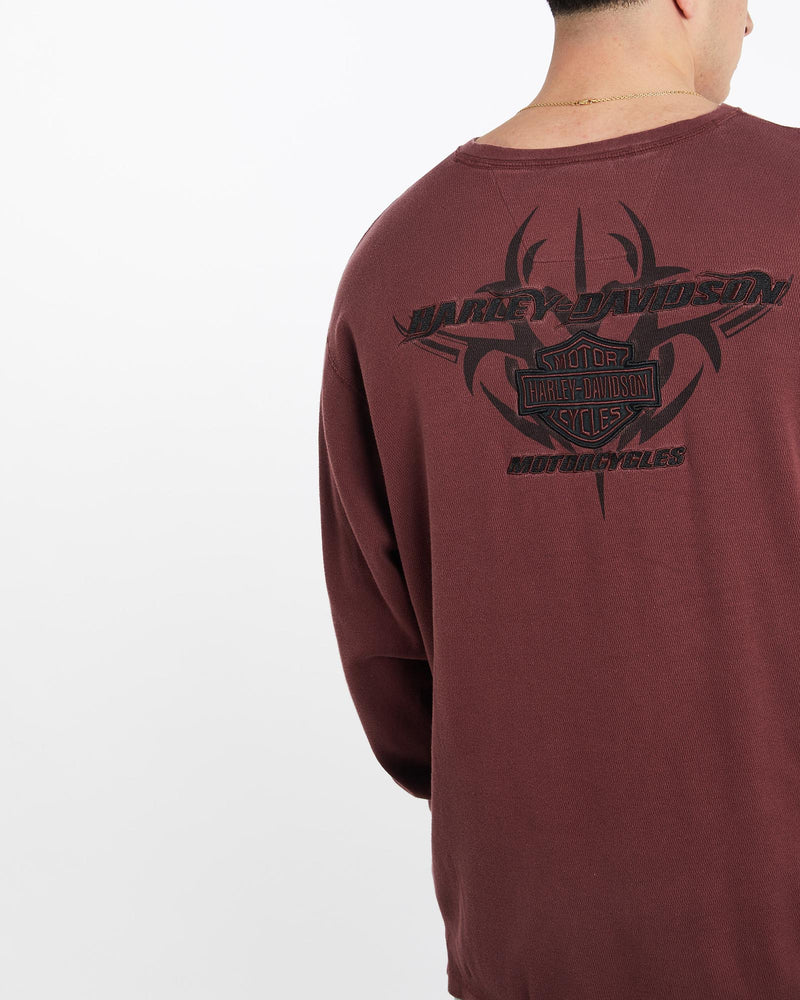 Vintage, Harley, Davidson, Long, Sleeve, Thermal, Tee, The Real Deal, size double extra large, colour Burgundy, newtown, sydney, australia, thrift store, opshop, preloved, secondhand, sustainable, retro, antique, 70s, 80s, 90s, 2000s, 00s, fashion, clothing, streetwear, trendy, garment, style, boutique, store, shop, archive, sale, cheap, best, top, T-Shirts