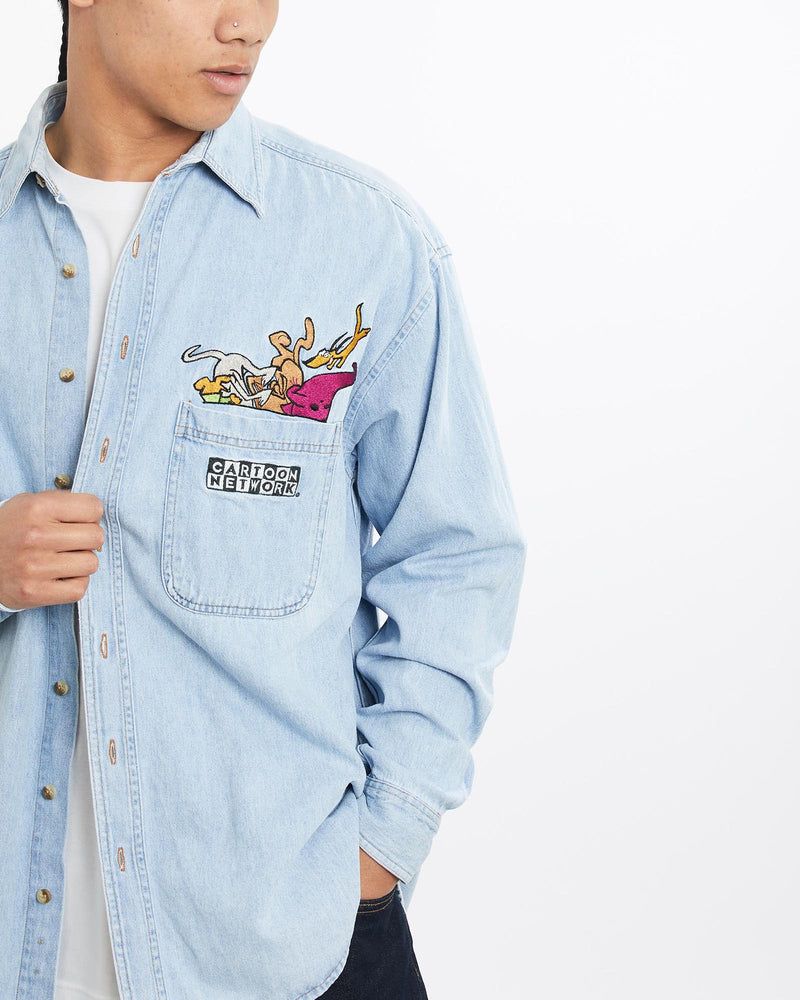 Vintage, Cartoon, Network, Cartoon, Denim, Button, Up, Shirt, The Real Deal, size large, colour Blue, newtown, sydney, australia, thrift store, opshop, preloved, secondhand, sustainable, retro, antique, 70s, 80s, 90s, 2000s, 00s, fashion, clothing, streetwear, trendy, garment, style, boutique, store, shop, archive, sale, cheap, best, top, Shirts