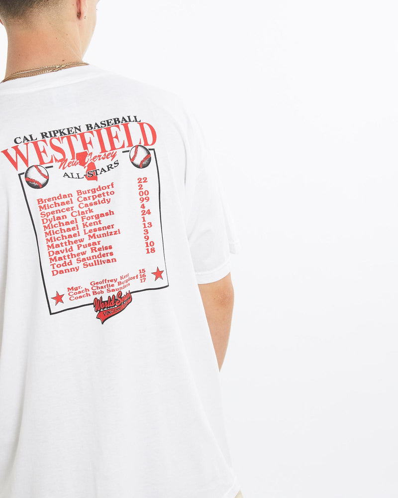 Vintage, World, Series, Baseball, Tee, The Real Deal, size large, colour White, newtown, sydney, australia, thrift store, opshop, preloved, secondhand, sustainable, retro, antique, 70s, 80s, 90s, 2000s, 00s, fashion, clothing, streetwear, trendy, garment, style, boutique, store, shop, archive, sale, cheap, best, top, T-Shirts