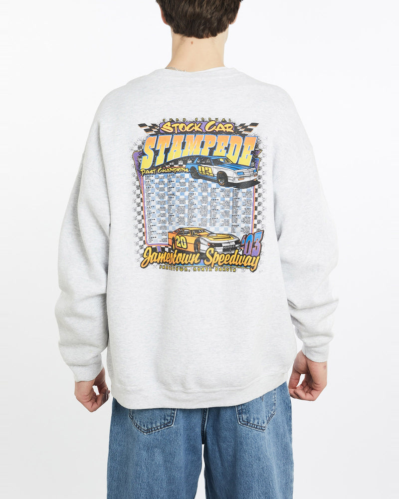 Vintage, Jamestown, Speedway, Racing, Sweatshirt, The Real Deal, size extra large, colour Grey, newtown, sydney, australia, thrift store, opshop, preloved, secondhand, sustainable, retro, antique, 70s, 80s, 90s, 2000s, 00s, fashion, clothing, streetwear, trendy, garment, style, boutique, store, shop, archive, sale, cheap, best, top, Sweats and hoodies